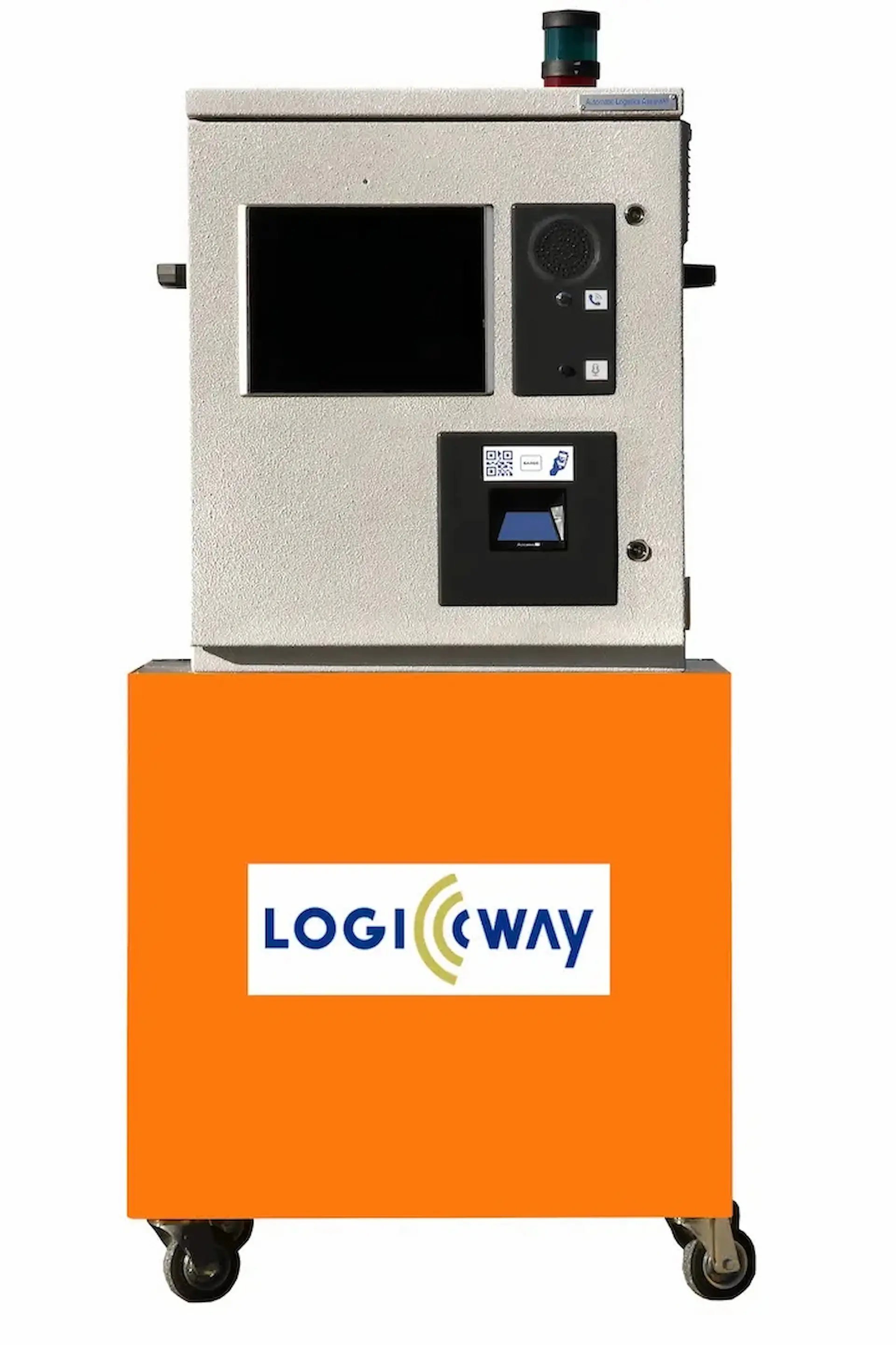 Totem ALAN singolo Logic Way, un dispositivo standalone con display touchscreen HD, lettori QR/RFID/NFC integrati, connettività avanzata e protezione IP65 per un uso industriale intensivo.